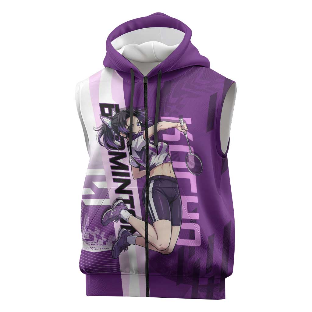 Personalized Shinobu Kocho Badminton Sleeveless Zip Hoodie with Jump Smash Pose - The Mazicc