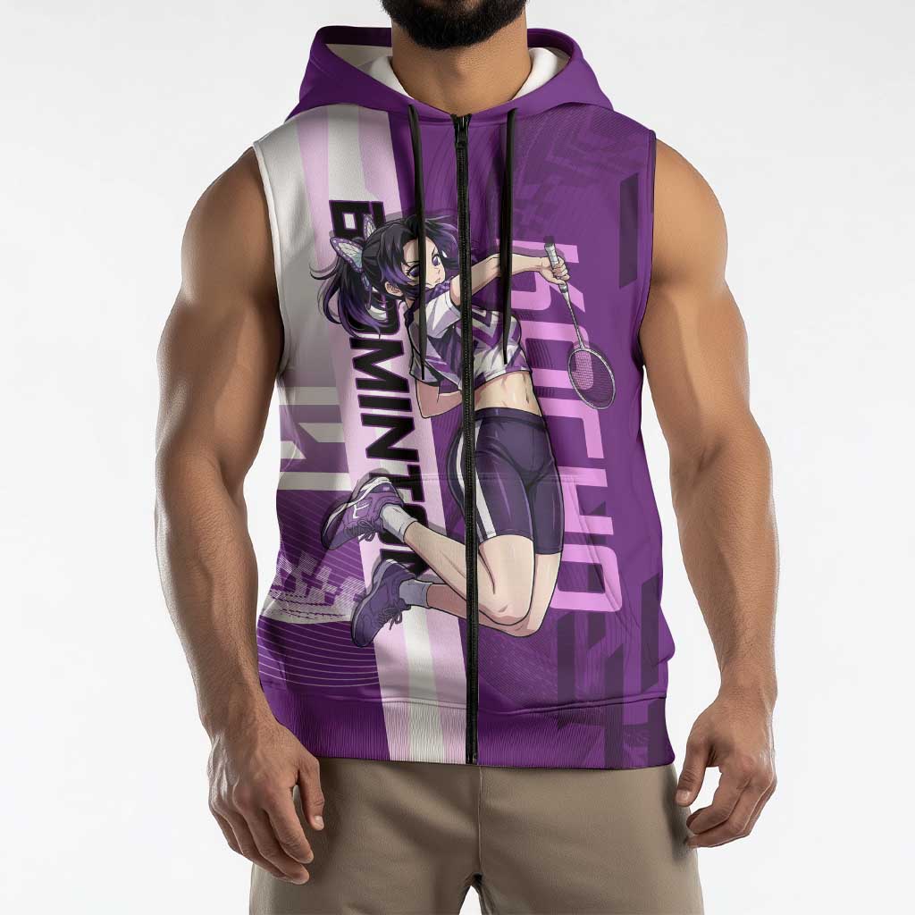 Personalized Shinobu Kocho Badminton Sleeveless Zip Hoodie with Jump Smash Pose - The Mazicc