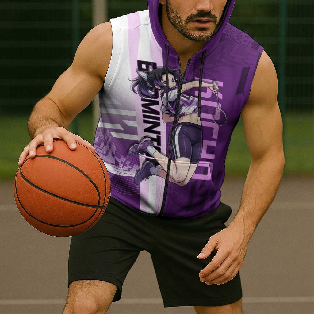 Personalized Shinobu Kocho Badminton Sleeveless Zip Hoodie with Jump Smash Pose - The Mazicc