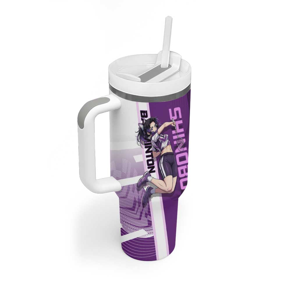 Personalized Shinobu Kocho Badminton Tumbler With Handle with Jump Smash Pose - The Mazicc