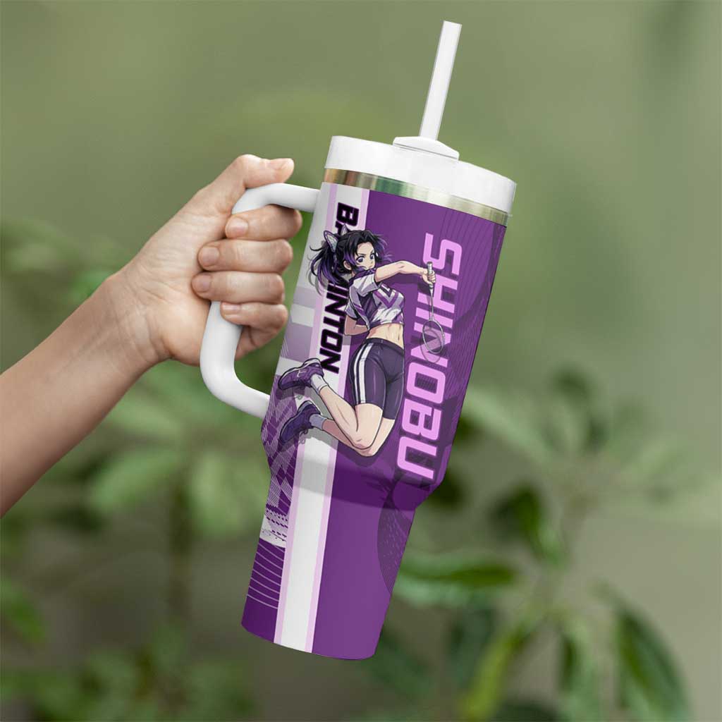 Personalized Shinobu Kocho Badminton Tumbler With Handle with Jump Smash Pose - The Mazicc
