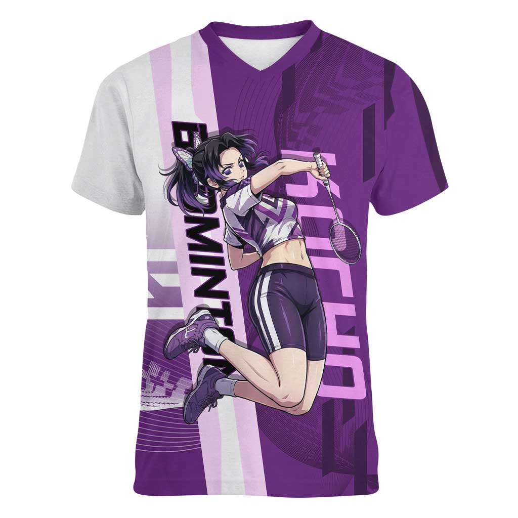Personalized Shinobu Kocho Badminton Women V-Neck T-Shirt with Jump Smash Pose - The Mazicc
