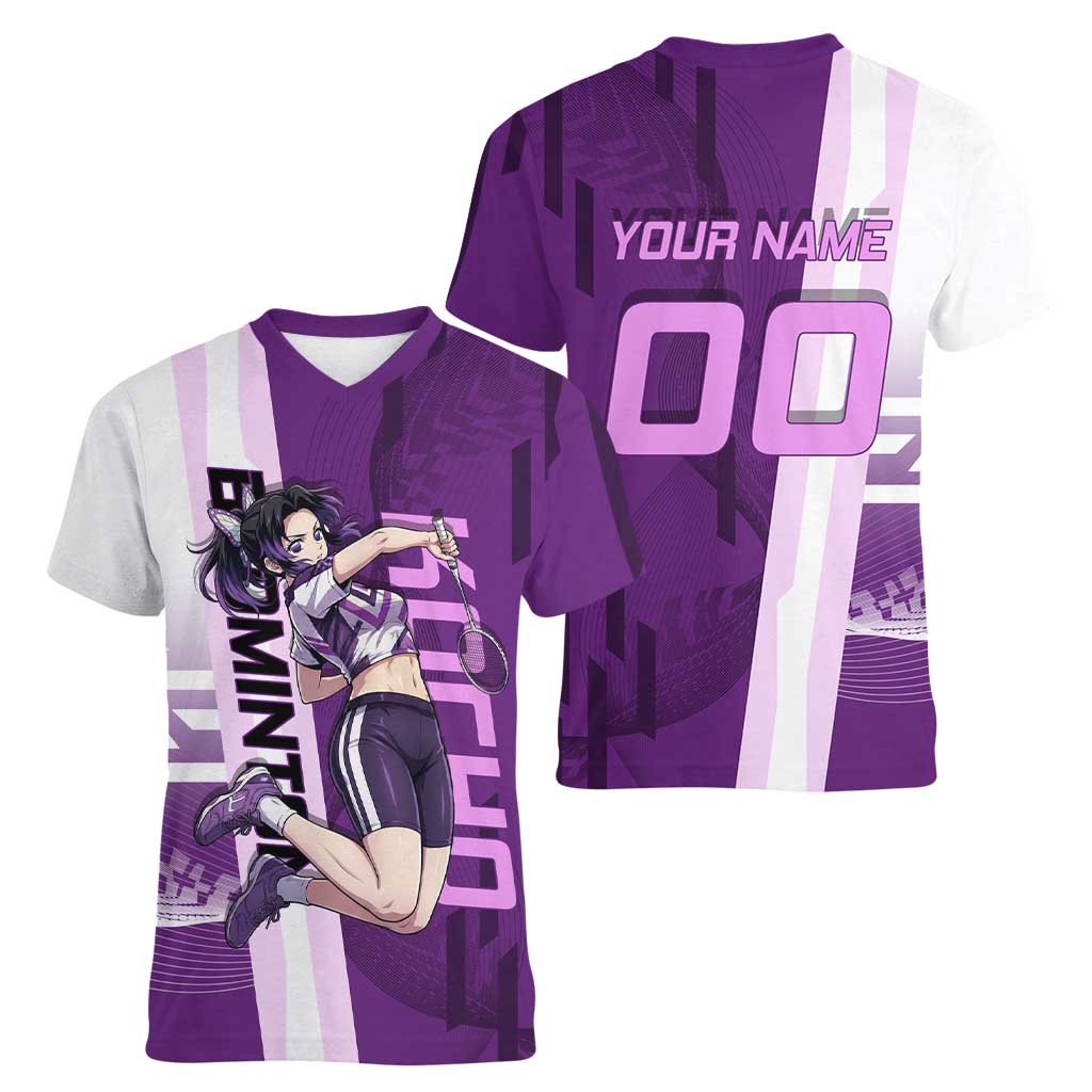 Personalized Shinobu Kocho Badminton Women V-Neck T-Shirt with Jump Smash Pose - The Mazicc
