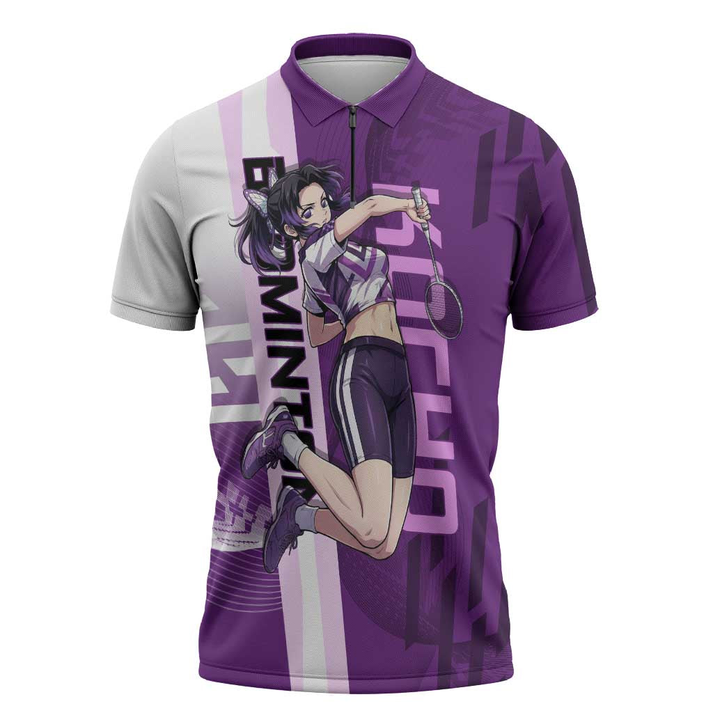 Personalized Shinobu Kocho Badminton Zipper Polo Shirt with Jump Smash Pose - The Mazicc