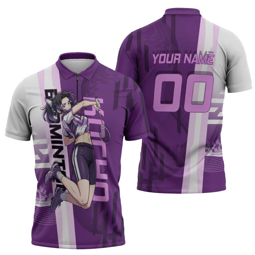 Personalized Shinobu Kocho Badminton Zipper Polo Shirt with Jump Smash Pose - The Mazicc