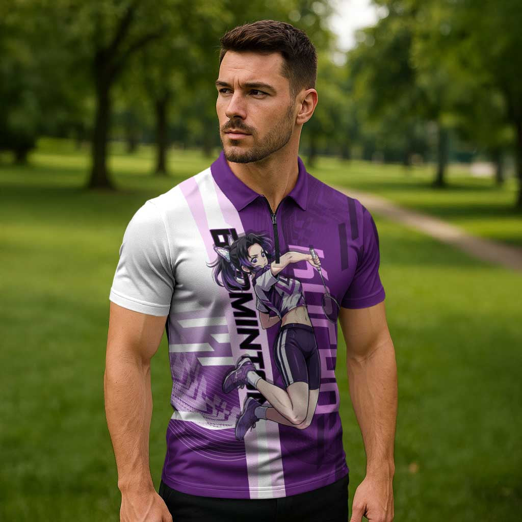 Personalized Shinobu Kocho Badminton Zipper Polo Shirt with Jump Smash Pose - The Mazicc