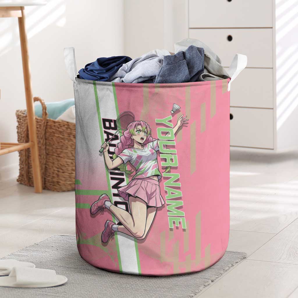 Personalized Mitsuri Kanroji Demon Slayer Badminton Laundry Basket with Racket Action Pose and Pink Green Graphic Design - The Mazicc