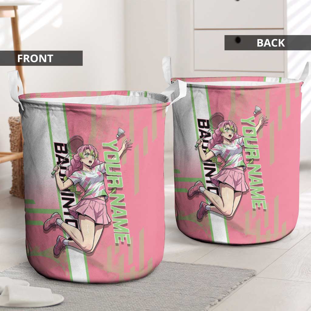 Personalized Mitsuri Kanroji Demon Slayer Badminton Laundry Basket with Racket Action Pose and Pink Green Graphic Design - The Mazicc