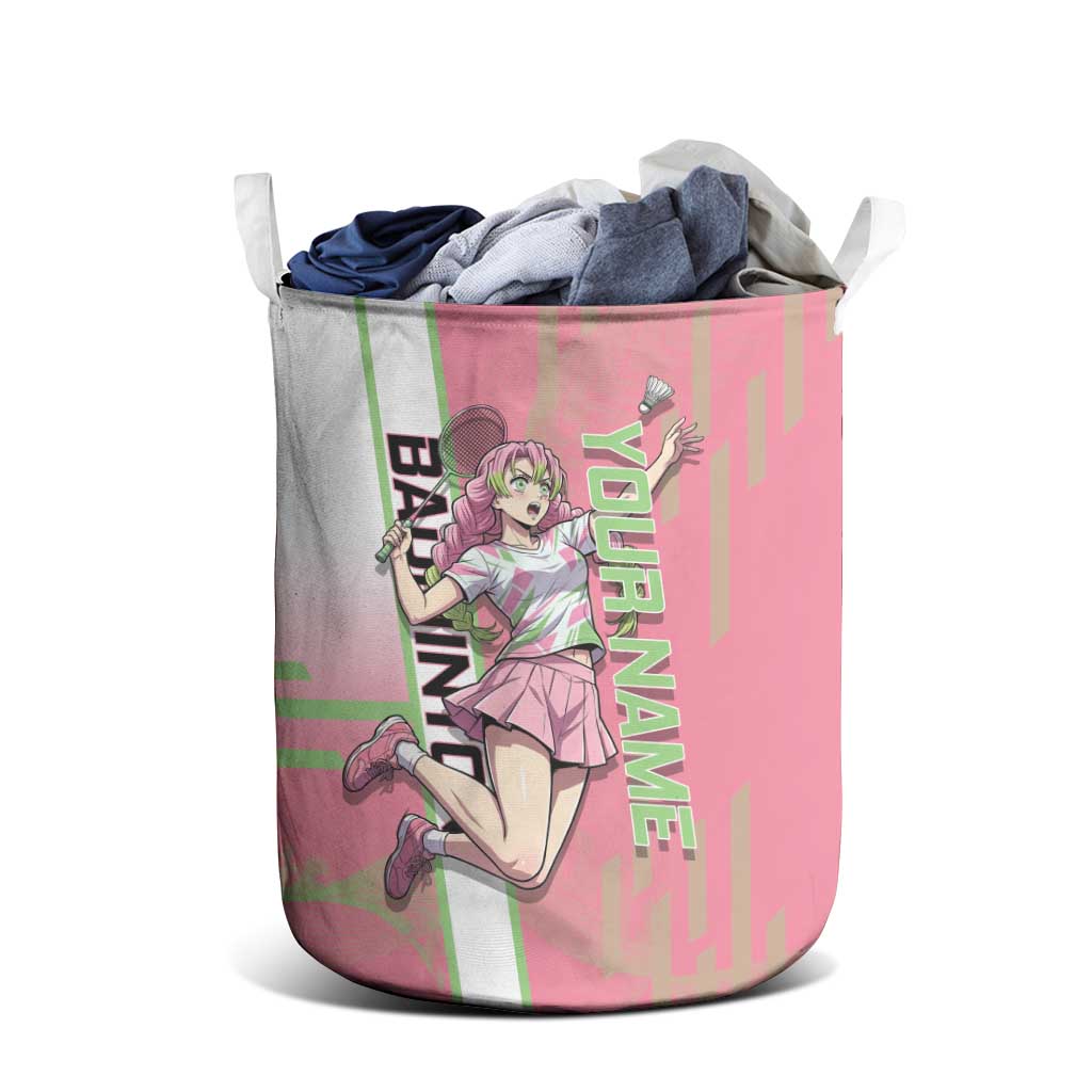 Personalized Mitsuri Kanroji Demon Slayer Badminton Laundry Basket with Racket Action Pose and Pink Green Graphic Design - The Mazicc
