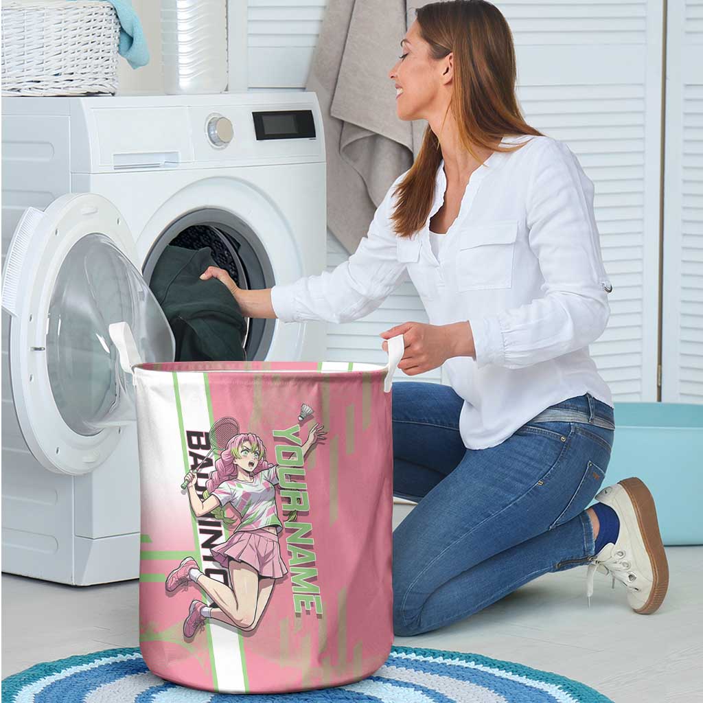 Personalized Mitsuri Kanroji Demon Slayer Badminton Laundry Basket with Racket Action Pose and Pink Green Graphic Design - The Mazicc