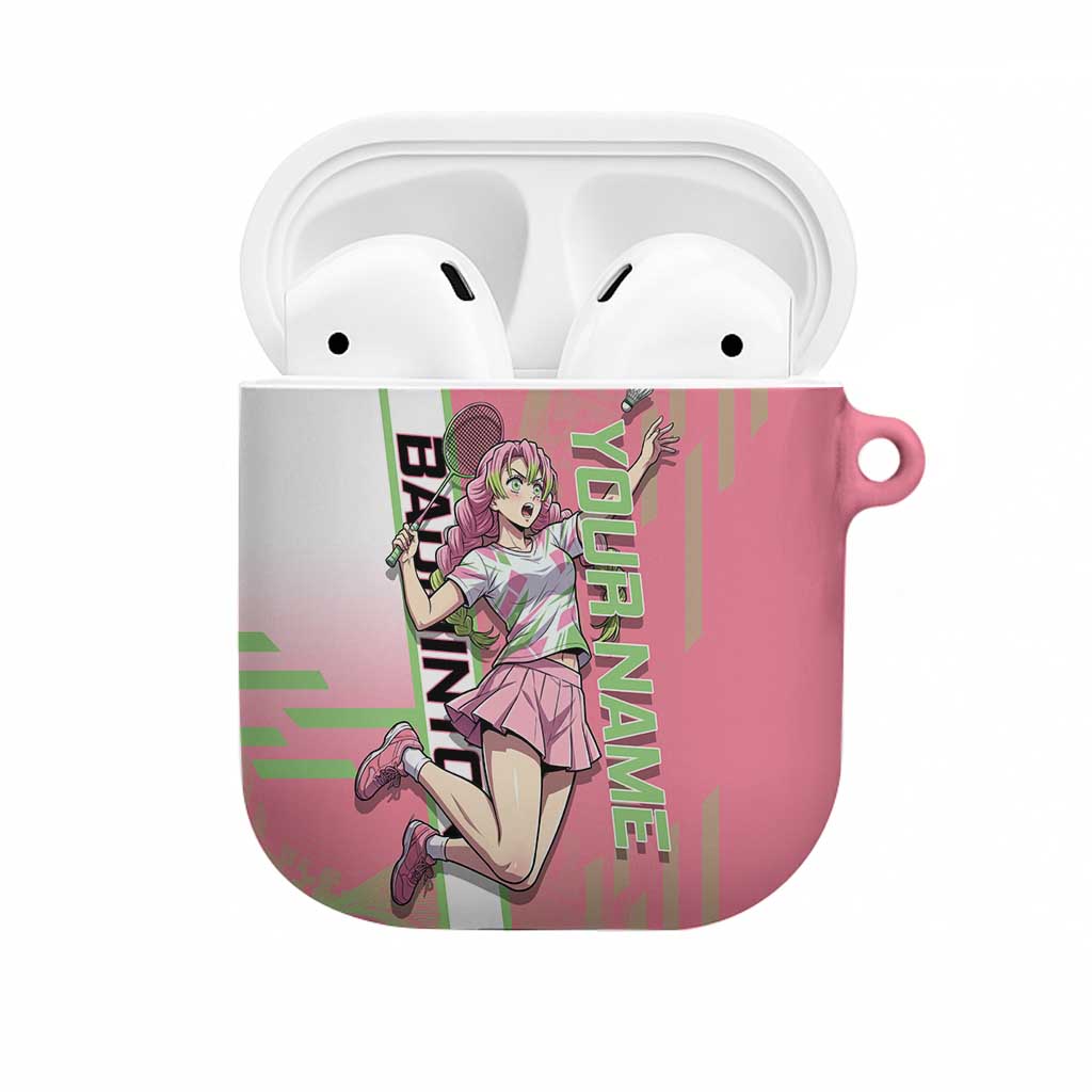 Personalized Mitsuri Kanroji Demon Slayer Badminton AirPods Case with Racket Action Pose and Pink Green Graphic Design - The Mazicc