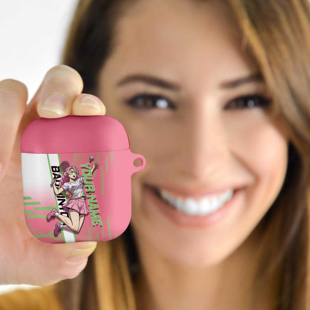 Personalized Mitsuri Kanroji Demon Slayer Badminton AirPods Case with Racket Action Pose and Pink Green Graphic Design - The Mazicc