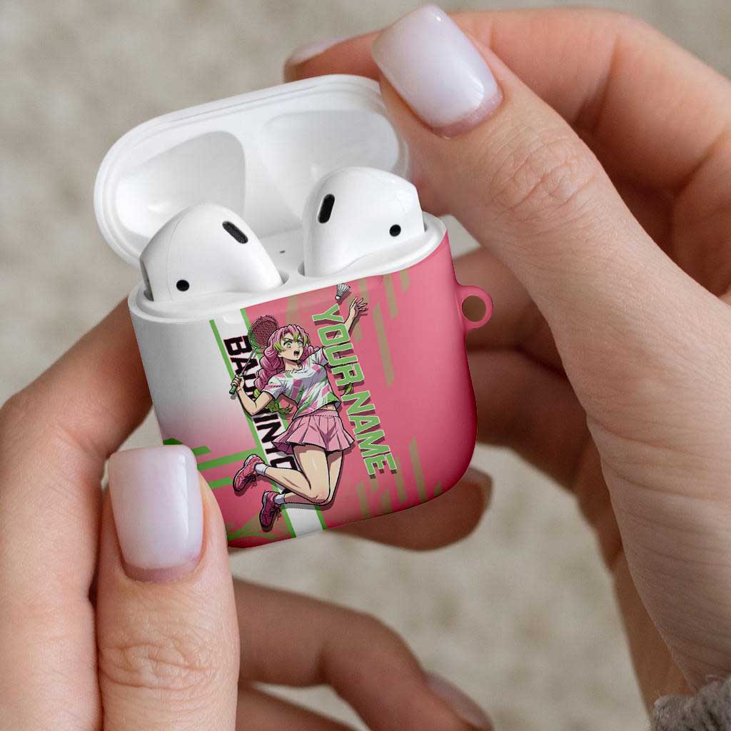 Personalized Mitsuri Kanroji Demon Slayer Badminton AirPods Case with Racket Action Pose and Pink Green Graphic Design - The Mazicc