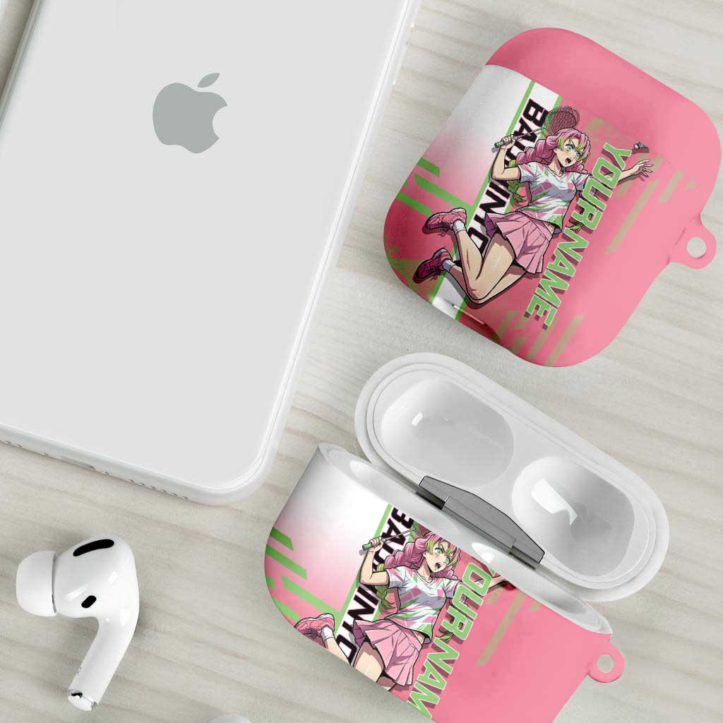 Personalized Mitsuri Kanroji Demon Slayer Badminton AirPods Case with Racket Action Pose and Pink Green Graphic Design - The Mazicc