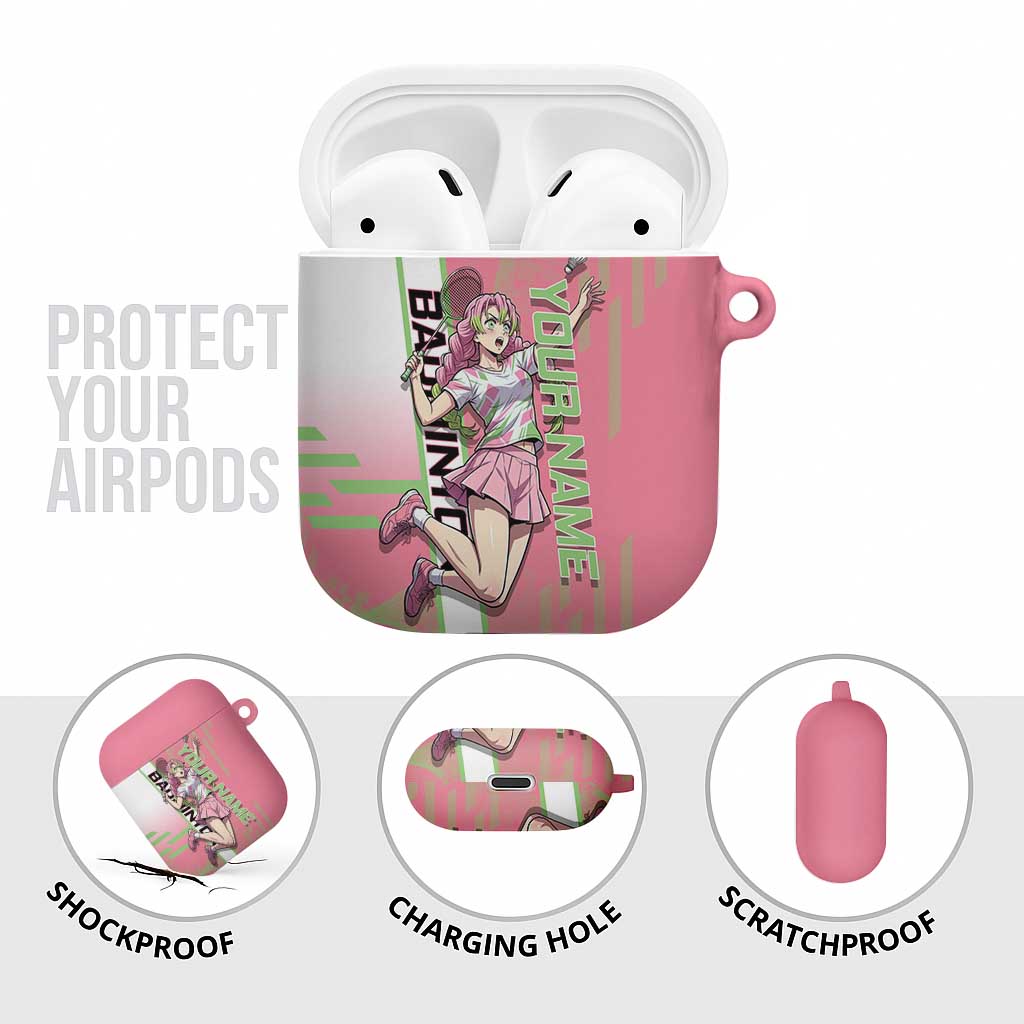 Personalized Mitsuri Kanroji Demon Slayer Badminton AirPods Case with Racket Action Pose and Pink Green Graphic Design - The Mazicc