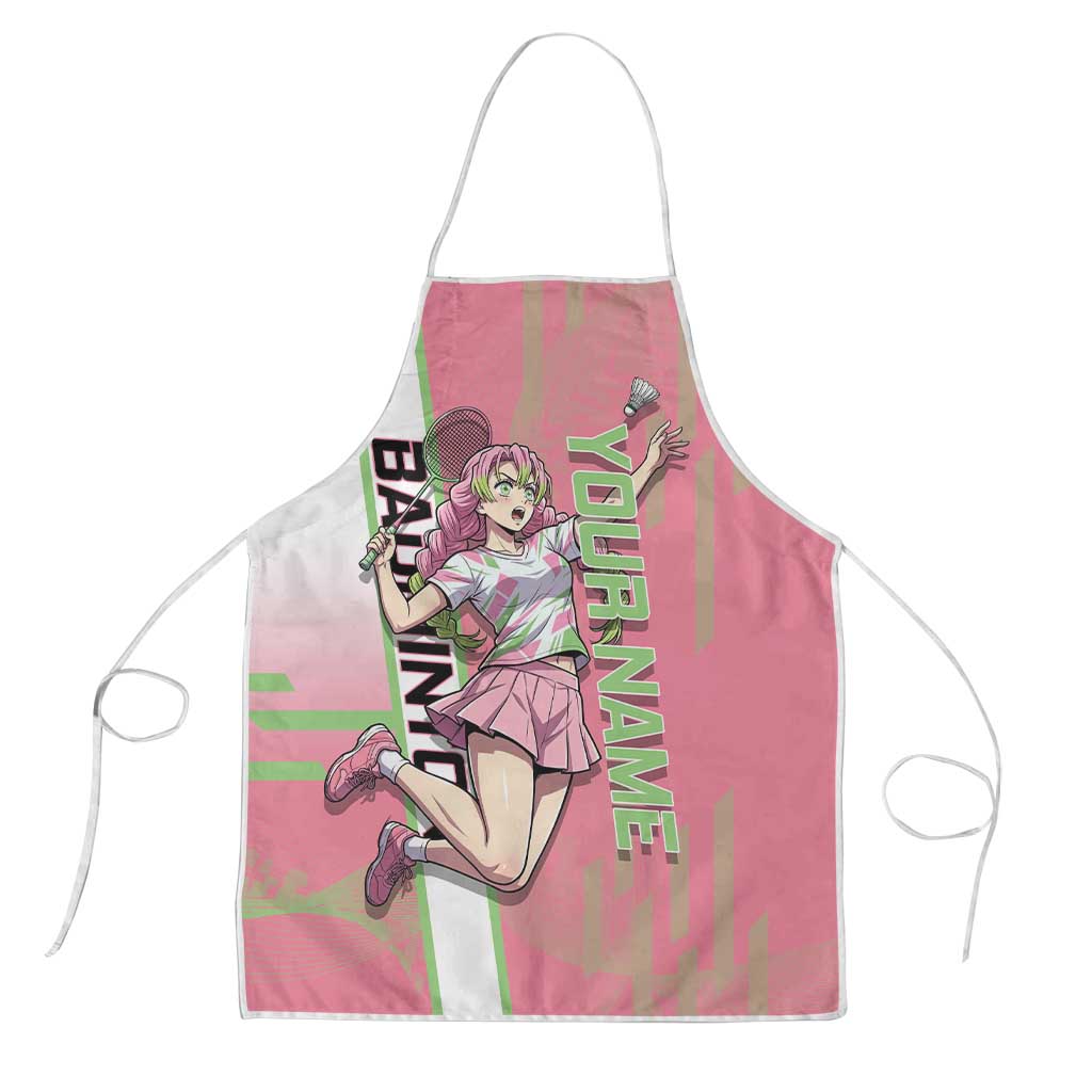 Personalized Mitsuri Kanroji Demon Slayer Badminton Apron with Racket Action Pose and Pink Green Graphic Design - The Mazicc