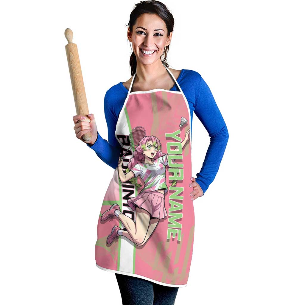 Personalized Mitsuri Kanroji Demon Slayer Badminton Apron with Racket Action Pose and Pink Green Graphic Design - The Mazicc