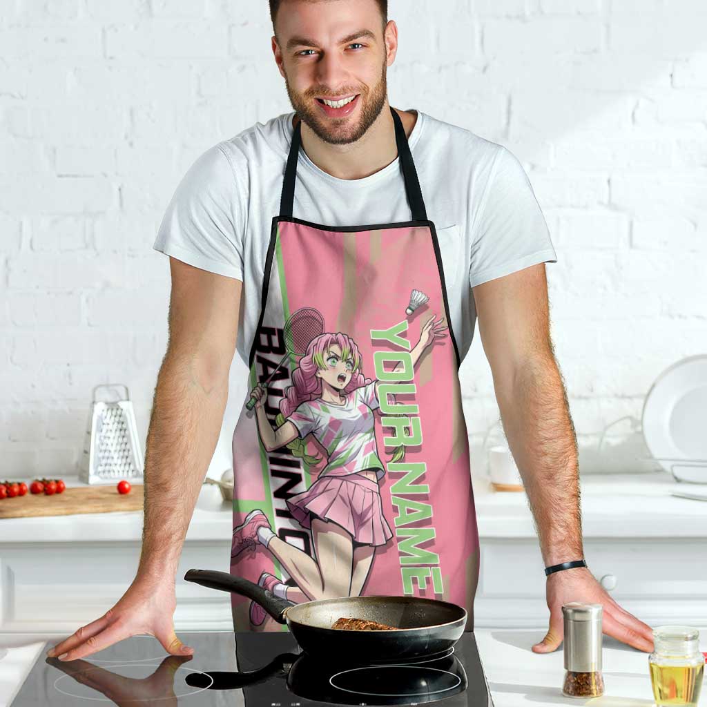 Personalized Mitsuri Kanroji Demon Slayer Badminton Apron with Racket Action Pose and Pink Green Graphic Design - The Mazicc