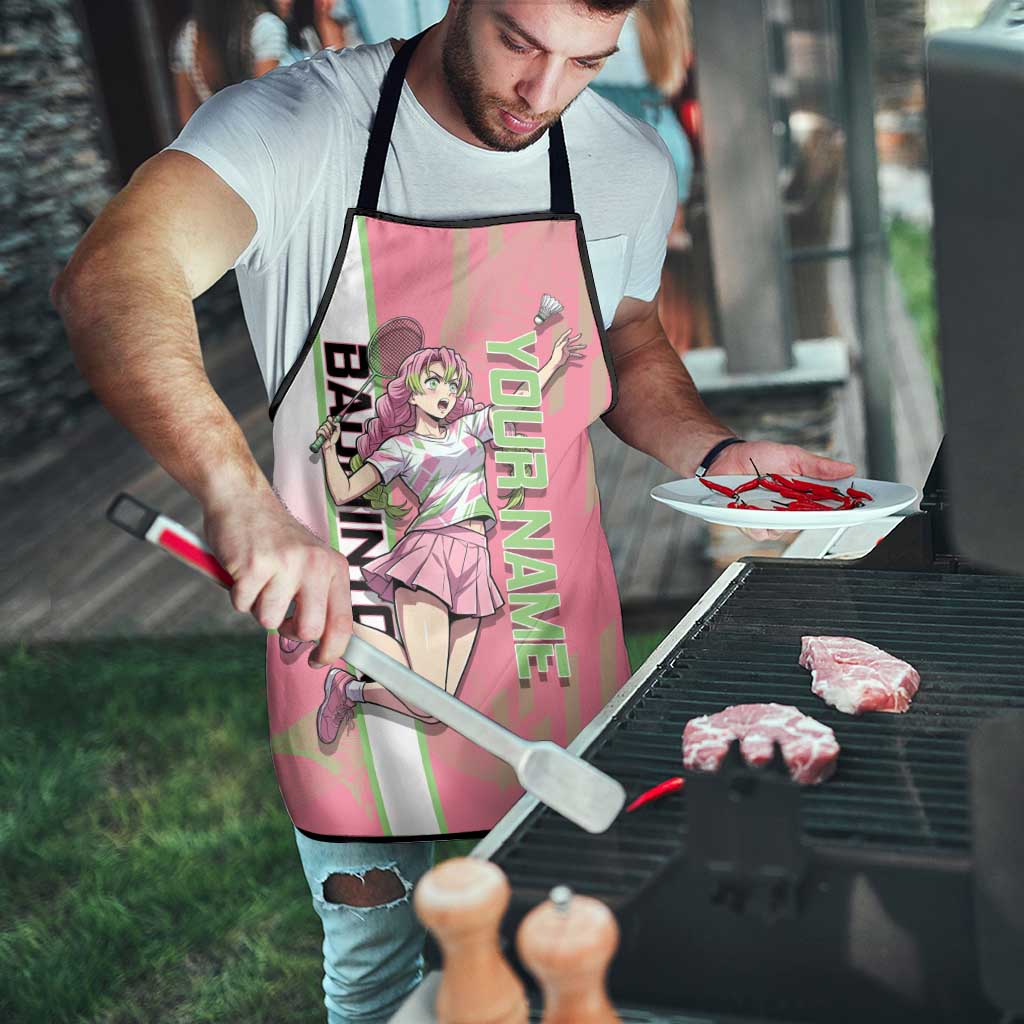 Personalized Mitsuri Kanroji Demon Slayer Badminton Apron with Racket Action Pose and Pink Green Graphic Design - The Mazicc