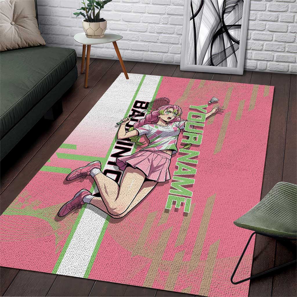 Personalized Mitsuri Kanroji Demon Slayer Badminton Area Rug with Racket Action Pose and Pink Green Graphic Design - The Mazicc