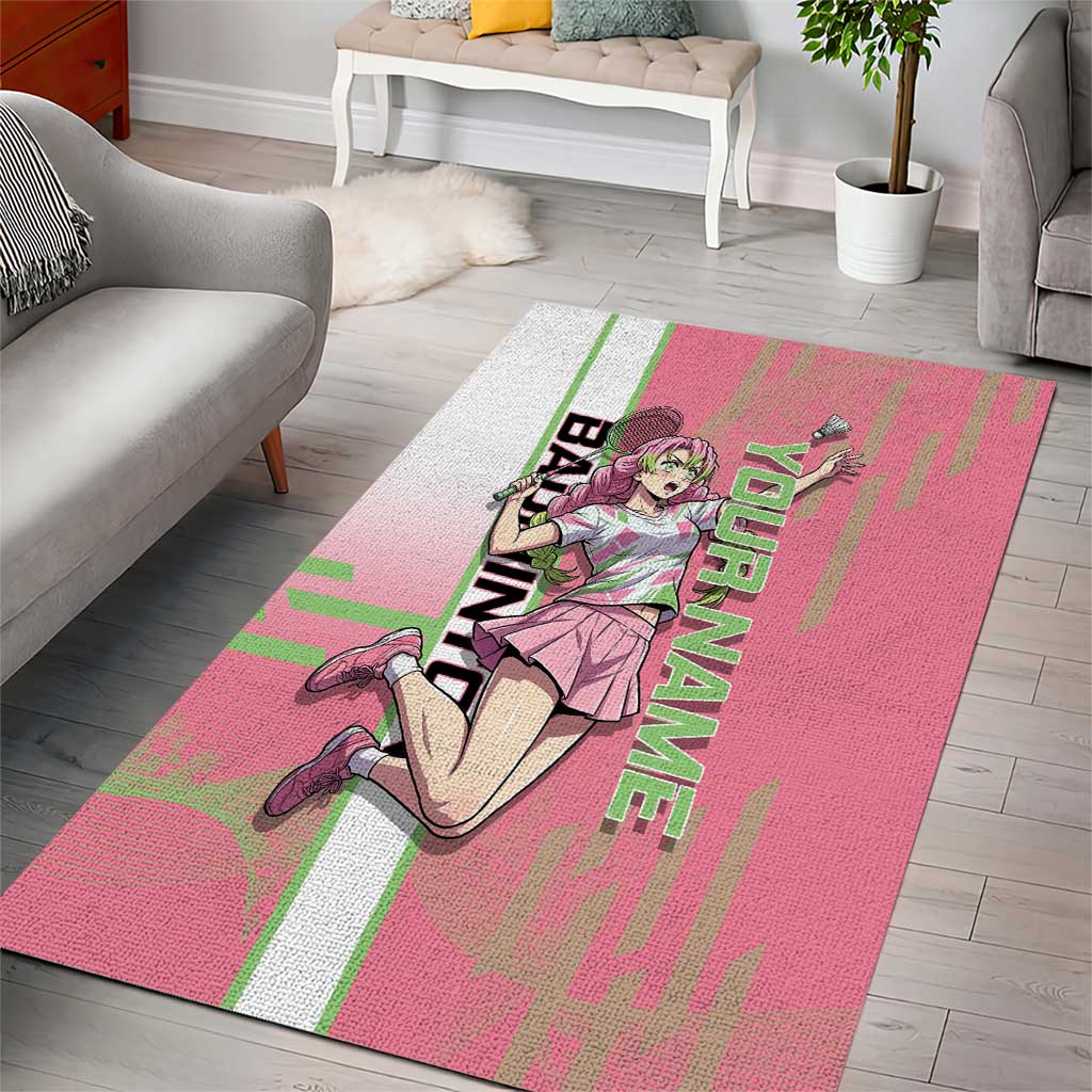 Personalized Mitsuri Kanroji Demon Slayer Badminton Area Rug with Racket Action Pose and Pink Green Graphic Design - The Mazicc