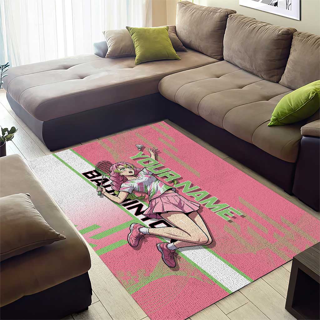 Personalized Mitsuri Kanroji Demon Slayer Badminton Area Rug with Racket Action Pose and Pink Green Graphic Design - The Mazicc
