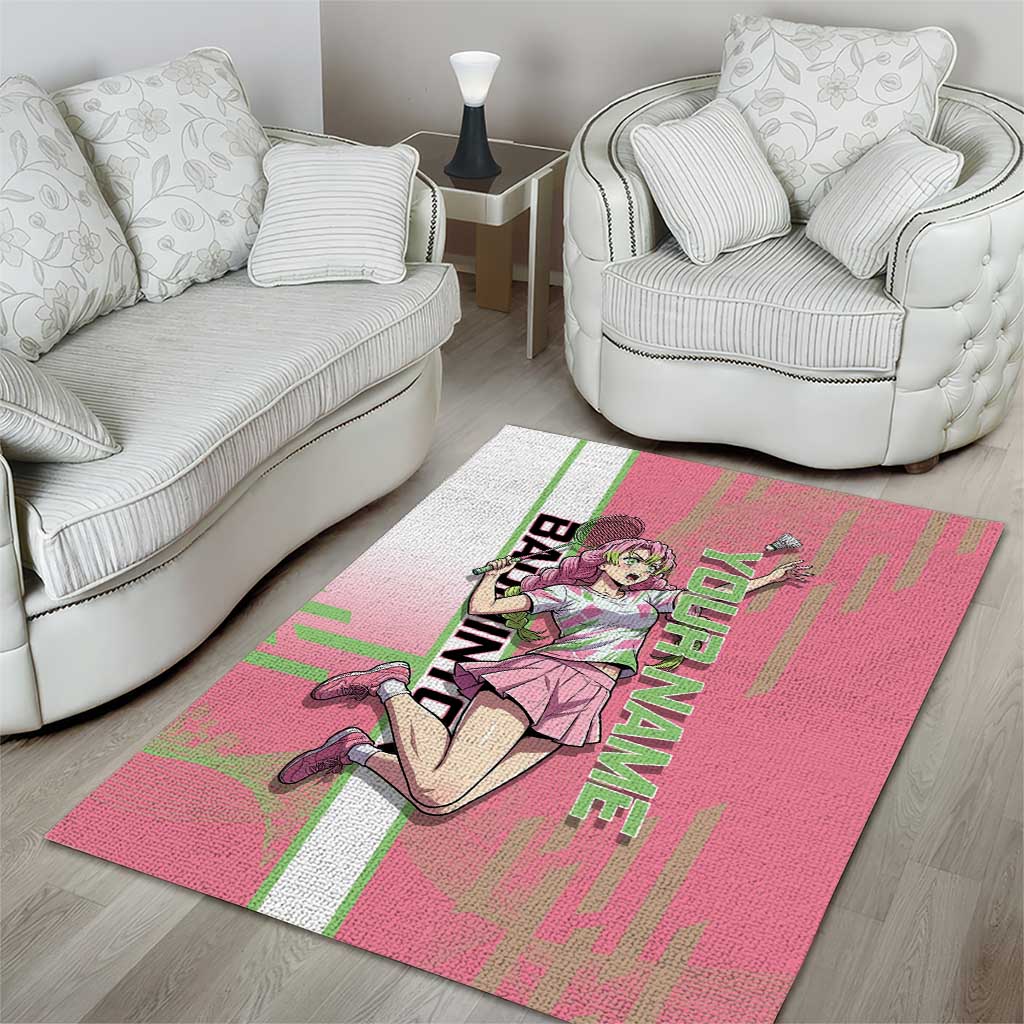 Personalized Mitsuri Kanroji Demon Slayer Badminton Area Rug with Racket Action Pose and Pink Green Graphic Design - The Mazicc