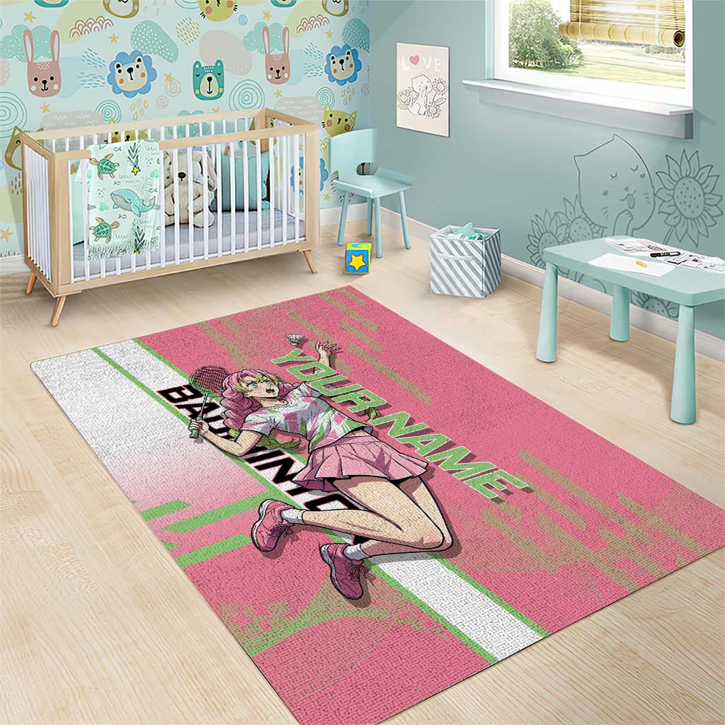 Personalized Mitsuri Kanroji Demon Slayer Badminton Area Rug with Racket Action Pose and Pink Green Graphic Design - The Mazicc
