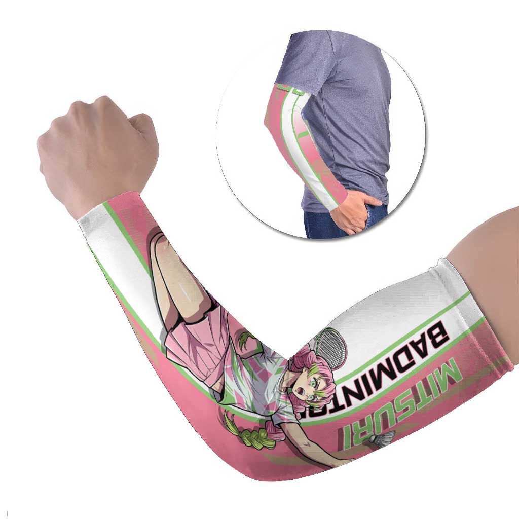 Personalized Mitsuri Kanroji Demon Slayer Badminton Arm Sleeves with Racket Action Pose and Pink Green Graphic Design - The Mazicc