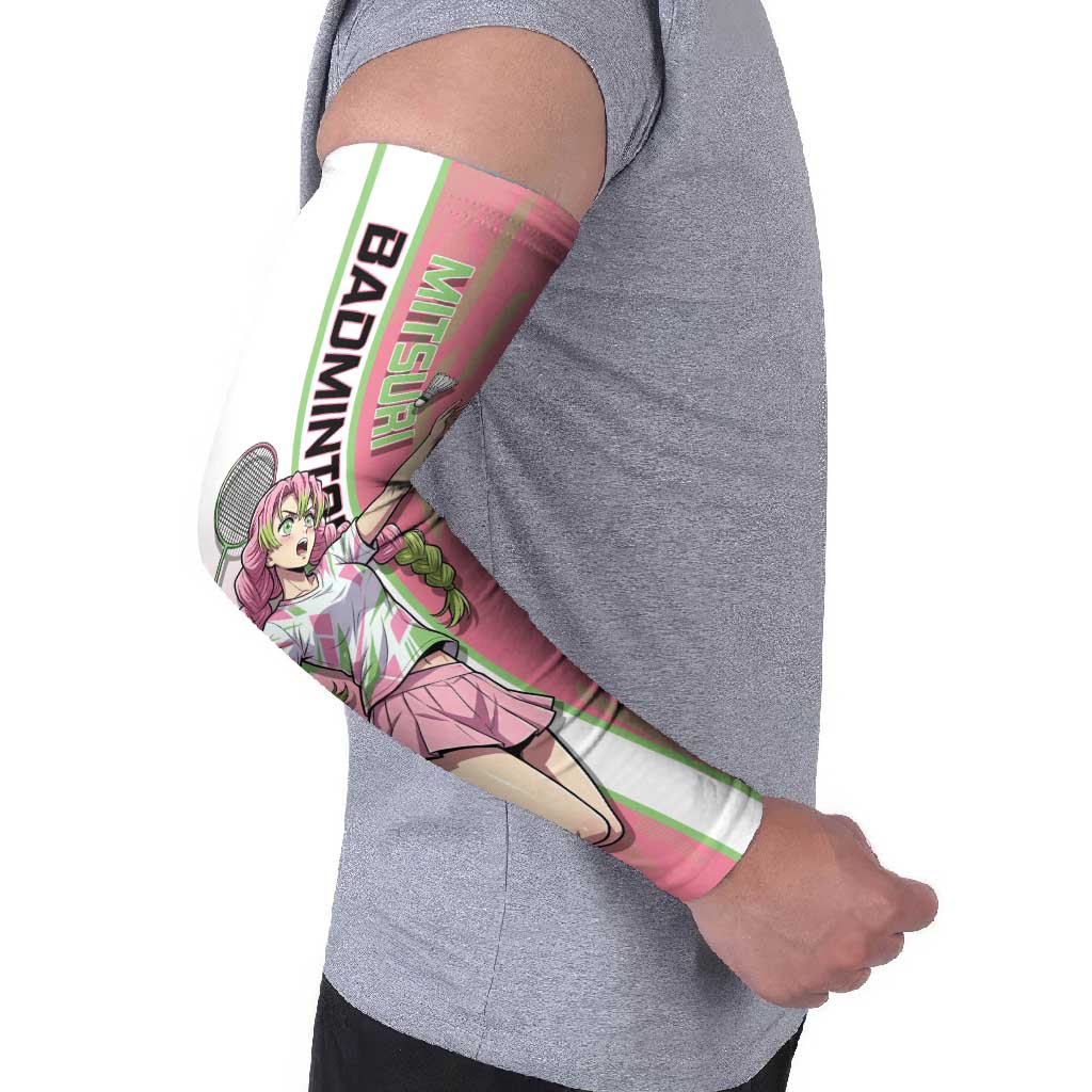 Personalized Mitsuri Kanroji Demon Slayer Badminton Arm Sleeves with Racket Action Pose and Pink Green Graphic Design - The Mazicc