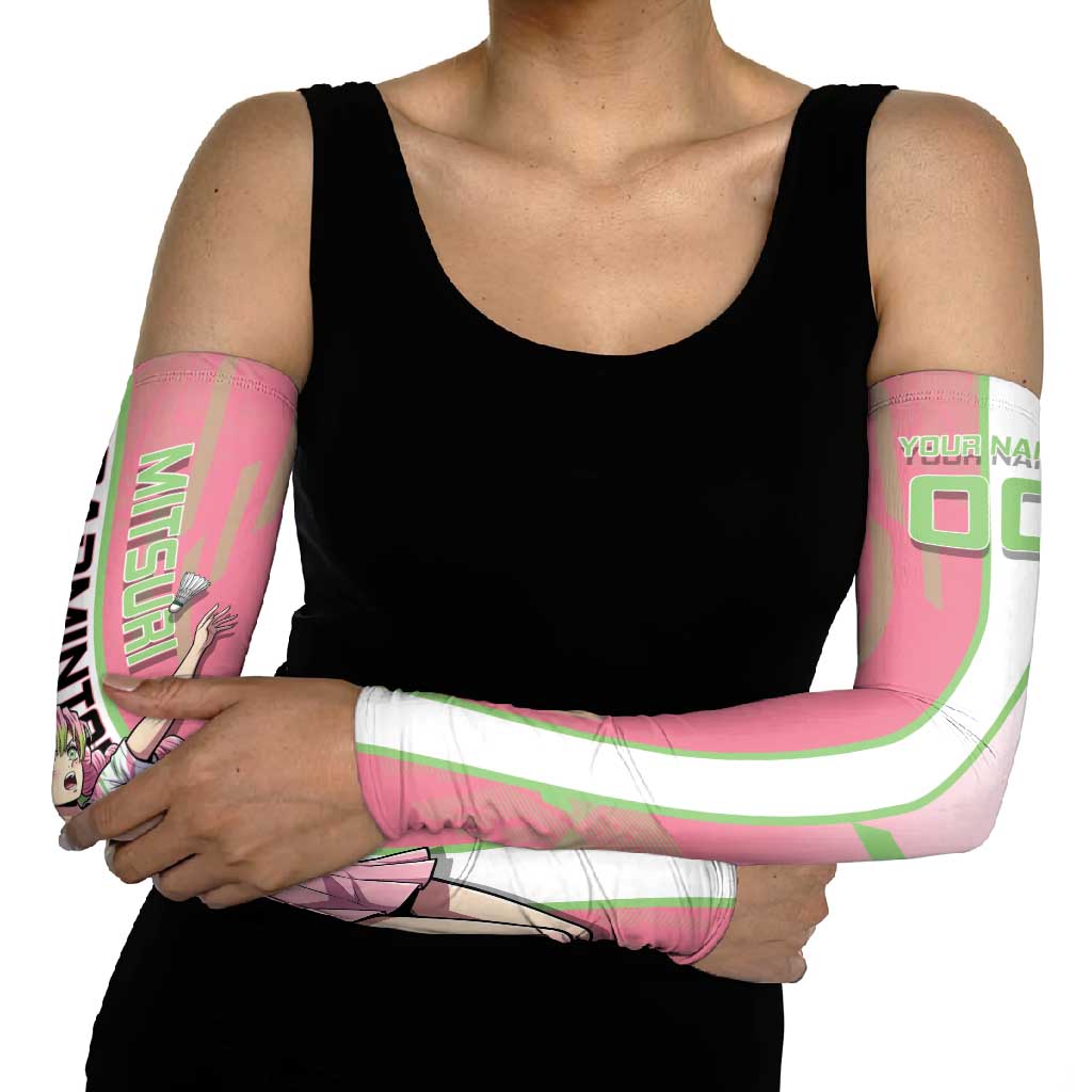 Personalized Mitsuri Kanroji Demon Slayer Badminton Arm Sleeves with Racket Action Pose and Pink Green Graphic Design - The Mazicc