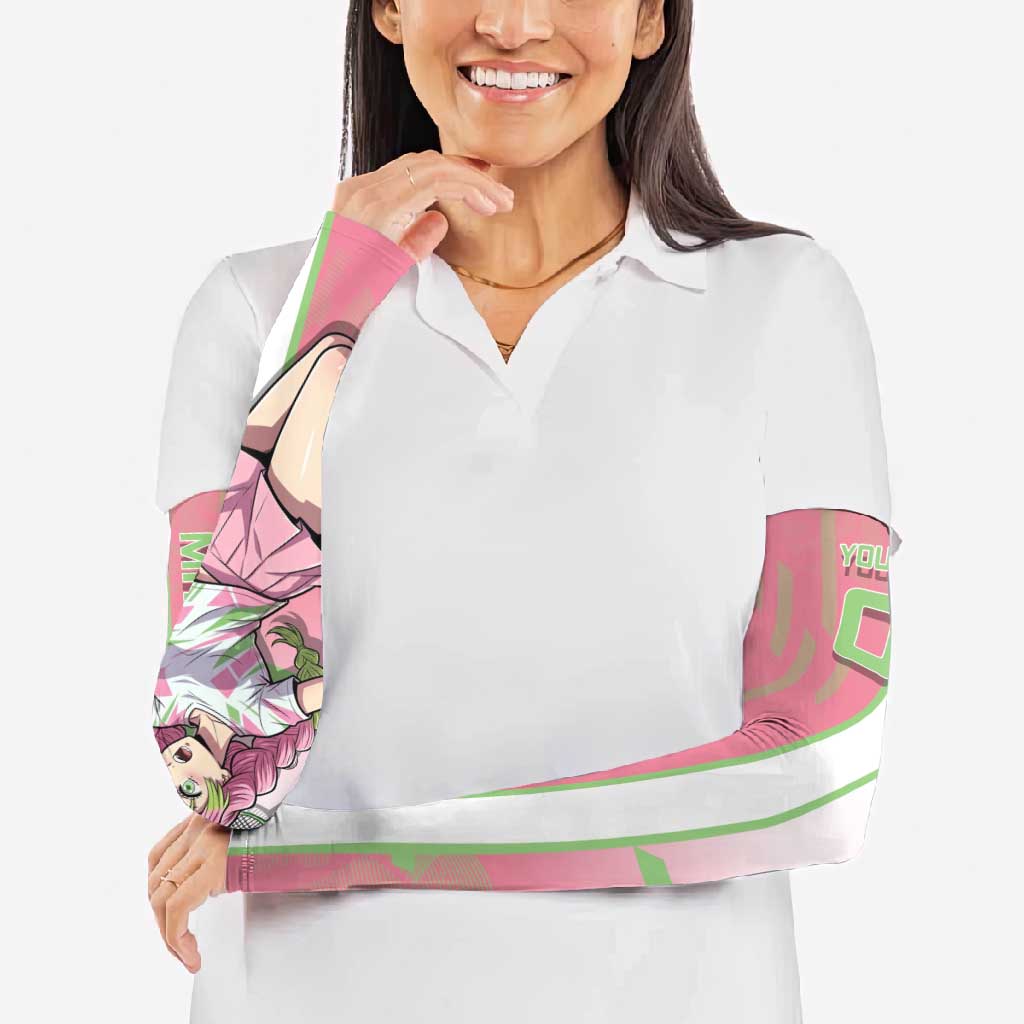 Personalized Mitsuri Kanroji Demon Slayer Badminton Arm Sleeves with Racket Action Pose and Pink Green Graphic Design - The Mazicc