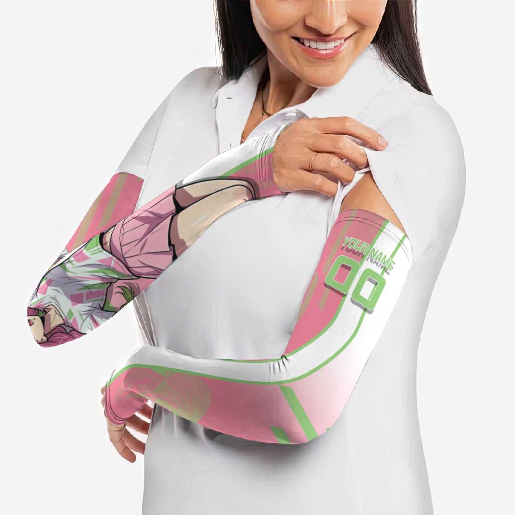 Personalized Mitsuri Kanroji Demon Slayer Badminton Arm Sleeves with Racket Action Pose and Pink Green Graphic Design - The Mazicc