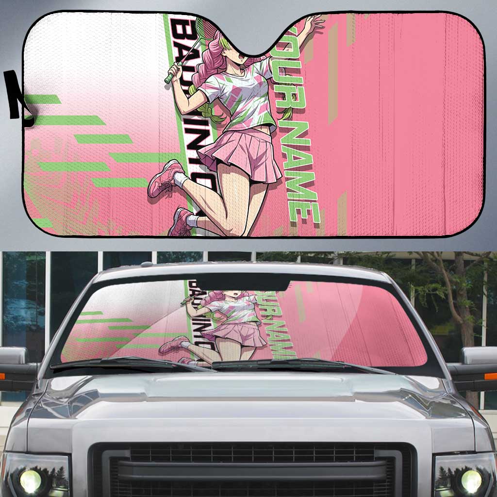 Personalized Mitsuri Kanroji Demon Slayer Badminton Auto Sun Shade with Racket Action Pose and Pink Green Graphic Design - The Mazicc