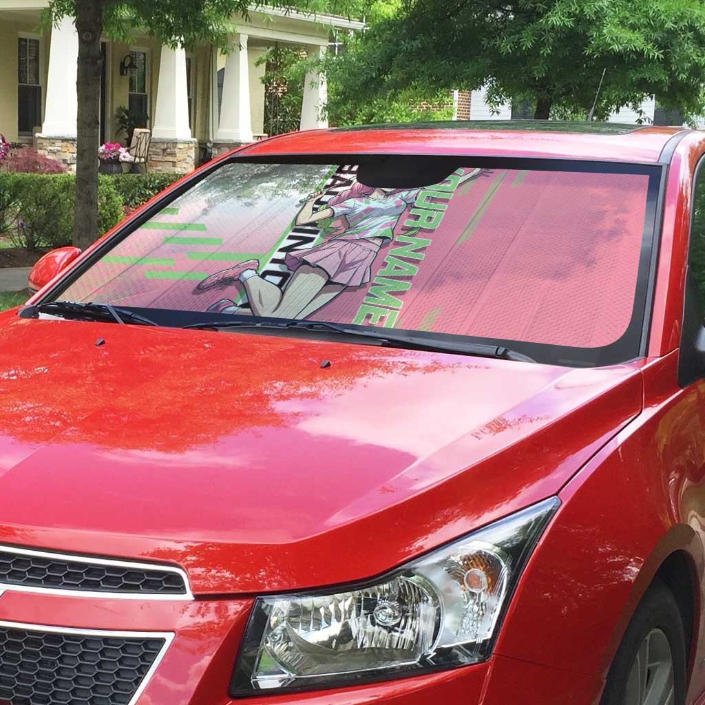 Personalized Mitsuri Kanroji Demon Slayer Badminton Auto Sun Shade with Racket Action Pose and Pink Green Graphic Design - The Mazicc
