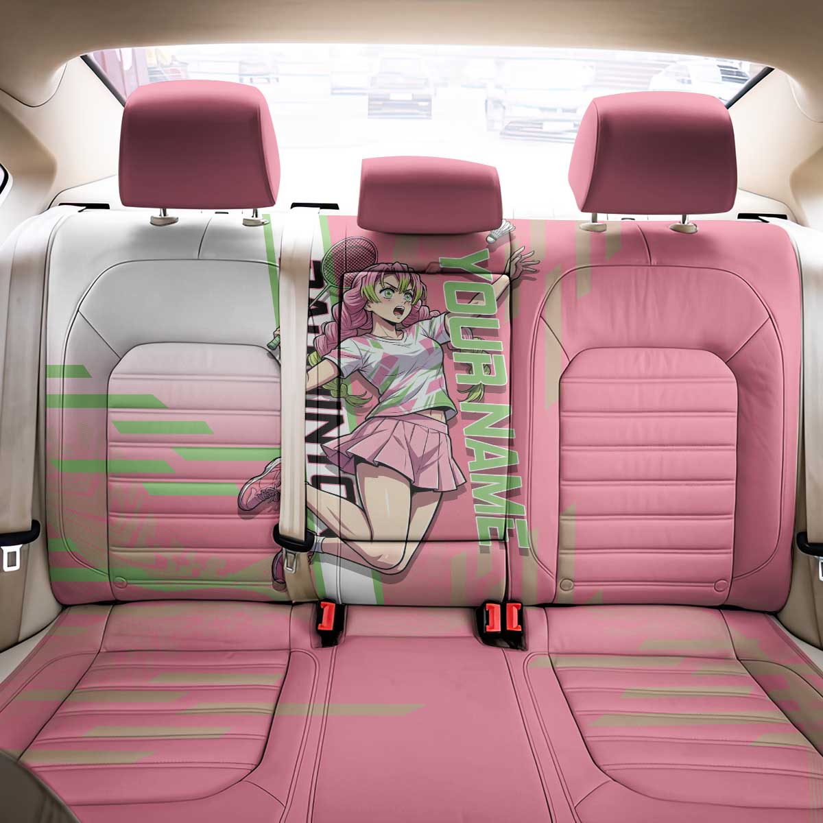 Personalized Mitsuri Kanroji Demon Slayer Badminton Back Car Seat Cover with Racket Action Pose and Pink Green Graphic Design - The Mazicc