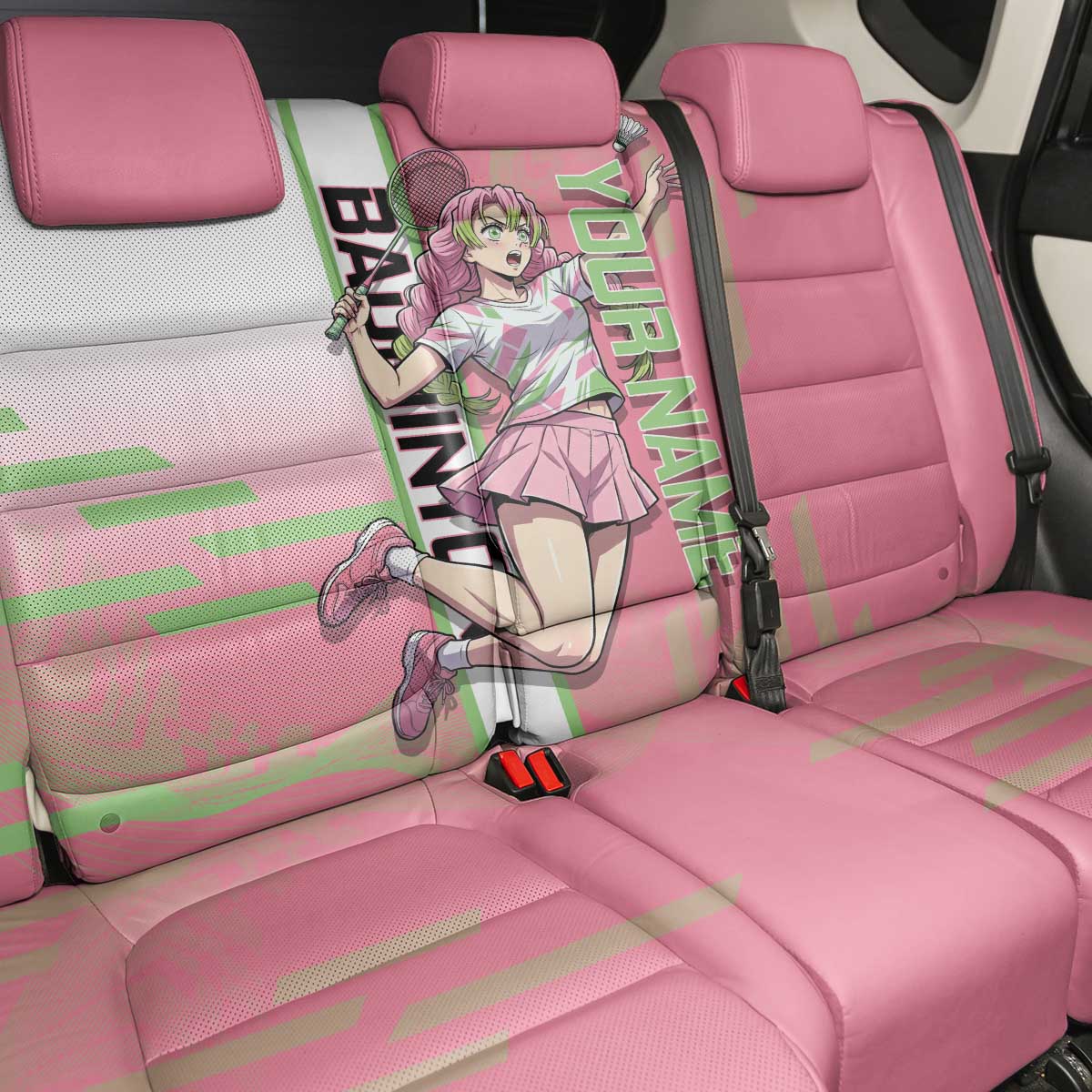 Personalized Mitsuri Kanroji Demon Slayer Badminton Back Car Seat Cover with Racket Action Pose and Pink Green Graphic Design - The Mazicc