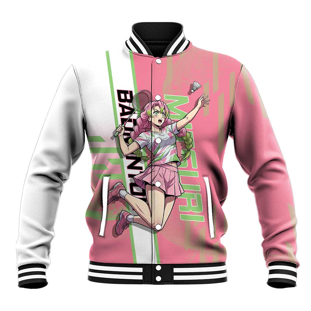 Personalized Mitsuri Kanroji Demon Slayer Badminton Baseball Jacket with Racket Action Pose and Pink Green Graphic Design - The Mazicc