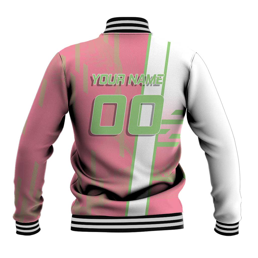 Personalized Mitsuri Kanroji Demon Slayer Badminton Baseball Jacket with Racket Action Pose and Pink Green Graphic Design - The Mazicc