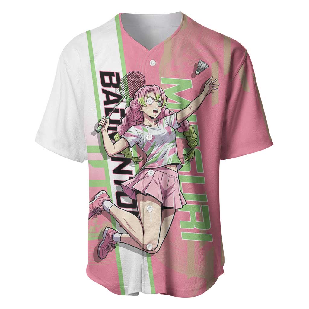 Personalized Mitsuri Kanroji Demon Slayer Badminton Baseball Jersey with Racket Action Pose and Pink Green Graphic Design - The Mazicc