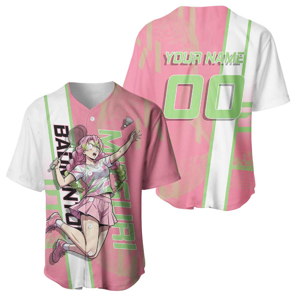 Personalized Mitsuri Kanroji Demon Slayer Badminton Baseball Jersey with Racket Action Pose and Pink Green Graphic Design - The Mazicc
