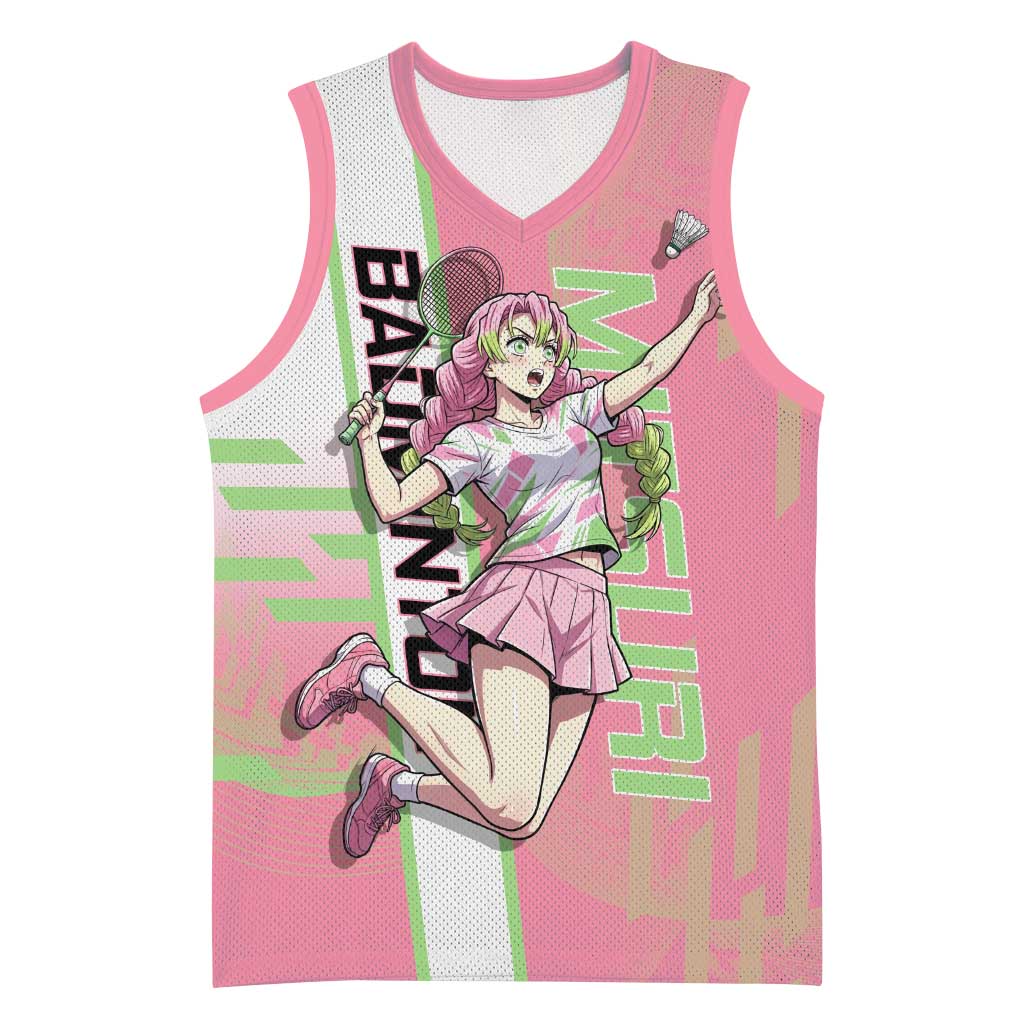 Personalized Mitsuri Kanroji Demon Slayer Badminton Basketball Jersey with Racket Action Pose and Pink Green Graphic Design - The Mazicc