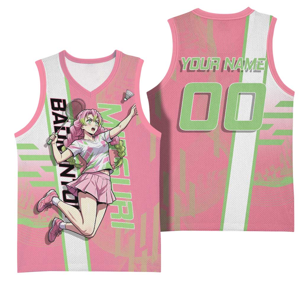 Personalized Mitsuri Kanroji Demon Slayer Badminton Basketball Jersey with Racket Action Pose and Pink Green Graphic Design - The Mazicc