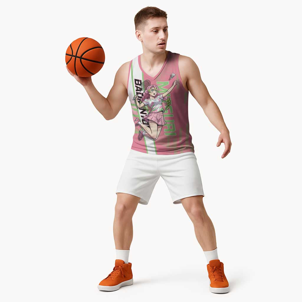 Personalized Mitsuri Kanroji Demon Slayer Badminton Basketball Jersey with Racket Action Pose and Pink Green Graphic Design - The Mazicc