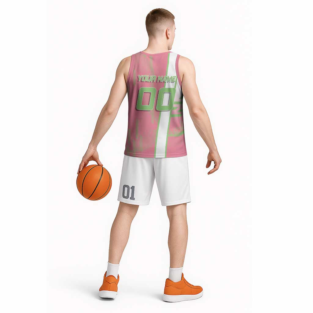 Personalized Mitsuri Kanroji Demon Slayer Badminton Basketball Jersey with Racket Action Pose and Pink Green Graphic Design - The Mazicc