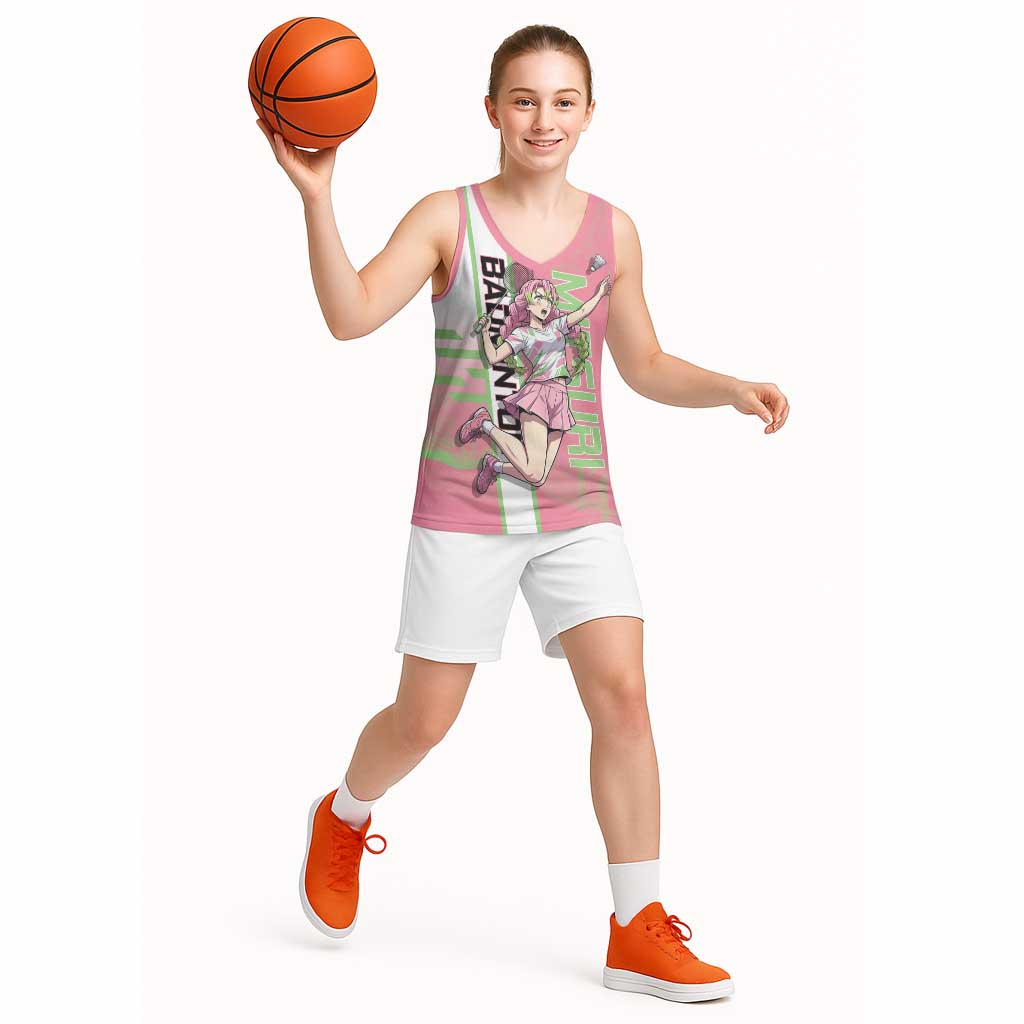 Personalized Mitsuri Kanroji Demon Slayer Badminton Basketball Jersey with Racket Action Pose and Pink Green Graphic Design - The Mazicc