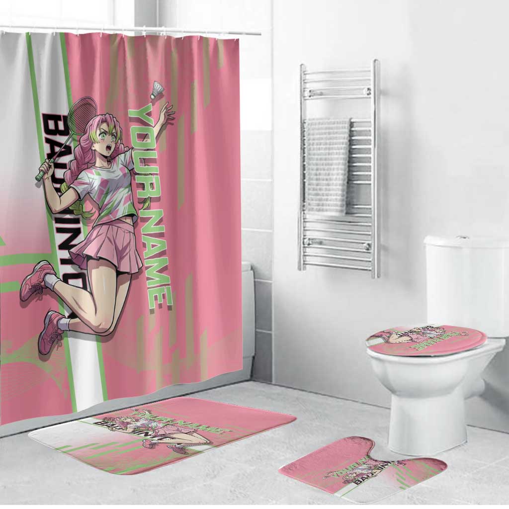 Personalized Mitsuri Kanroji Demon Slayer Badminton Bathroom Set with Racket Action Pose and Pink Green Graphic Design - The Mazicc