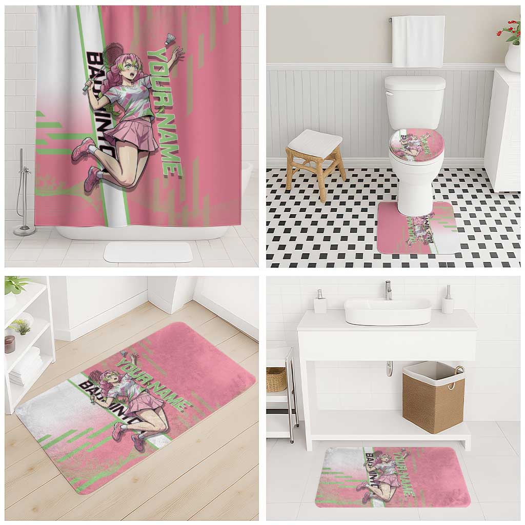 Personalized Mitsuri Kanroji Demon Slayer Badminton Bathroom Set with Racket Action Pose and Pink Green Graphic Design - The Mazicc
