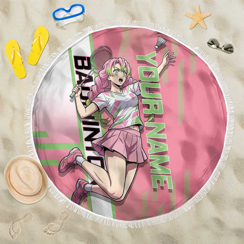 Personalized Mitsuri Kanroji Demon Slayer Badminton Beach Blanket with Racket Action Pose and Pink Green Graphic Design - The Mazicc