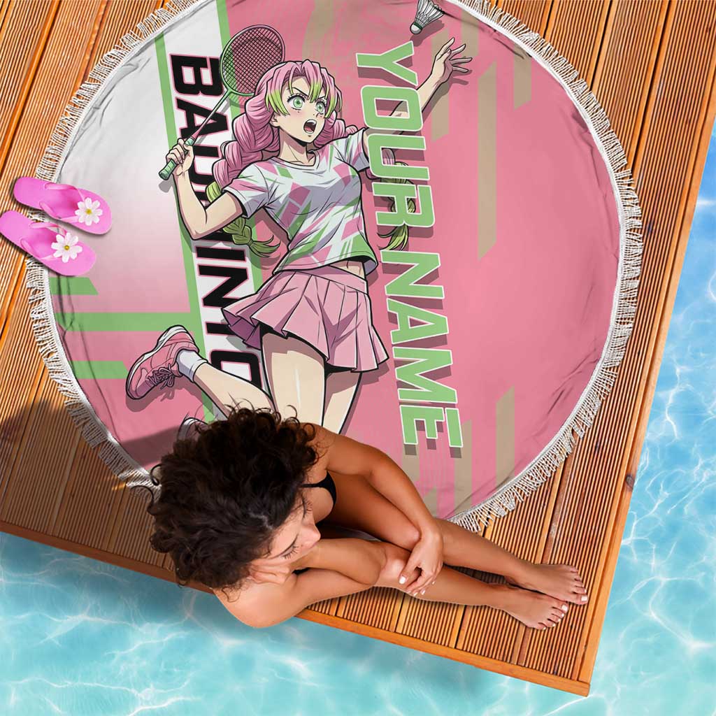 Personalized Mitsuri Kanroji Demon Slayer Badminton Beach Blanket with Racket Action Pose and Pink Green Graphic Design - The Mazicc